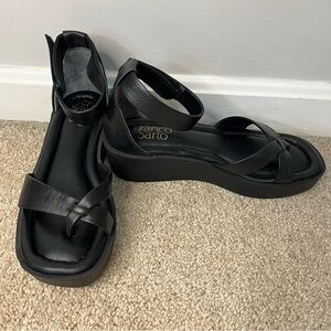 Franco Sarto Black Leather Wedge Heel Ankle Strap Sandals Size 6.5